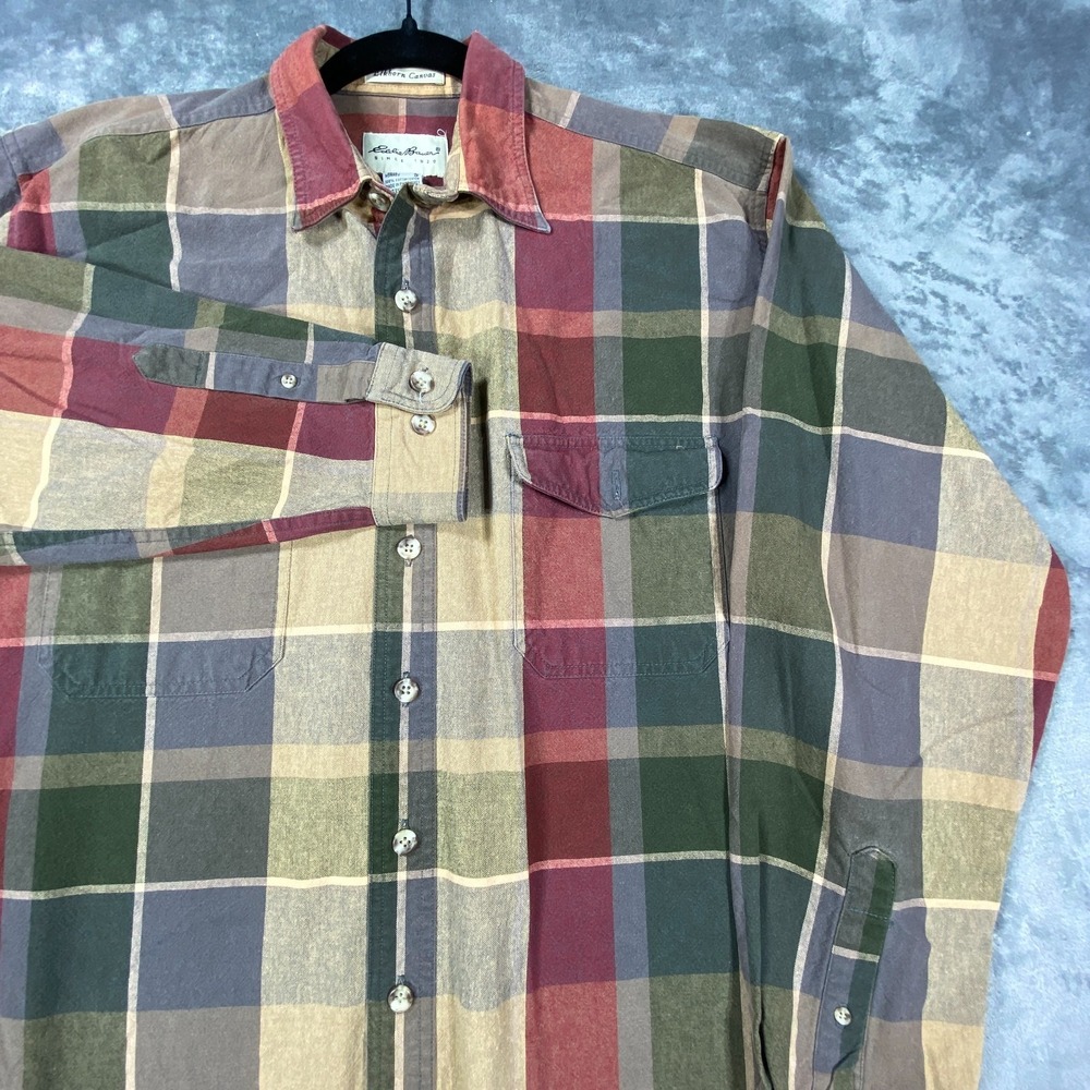 Vintage Eddie Bauer Elkhorn Canvas Shirt Mens Large Tall LT Plaid Windowpane